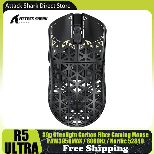 ATTACK SHARK R5 Ultra trådlös gamingmus i kolfiber, PixArt PAW3950MAX gamingsensor, 42000DPI, 8000Hz, MCU Nordic 52840