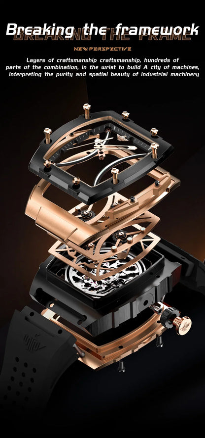 OUPINKE Herrenuhr – klassische Luxus-Armbanduhr mit Tonneau-Zifferblatt, Original-Topmarke, automatische mechanische Uhr, Silikonarmband, Saphirglas, neu