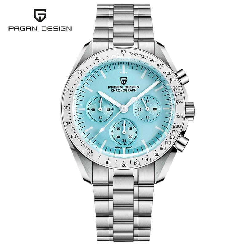 Montre pour homme PAGANI DESIGN « New Moon » – Montre à quartz de luxe, chronographe, verre saphir avec traitement antireflet, lunette en céramique, aiguilles luminescentes