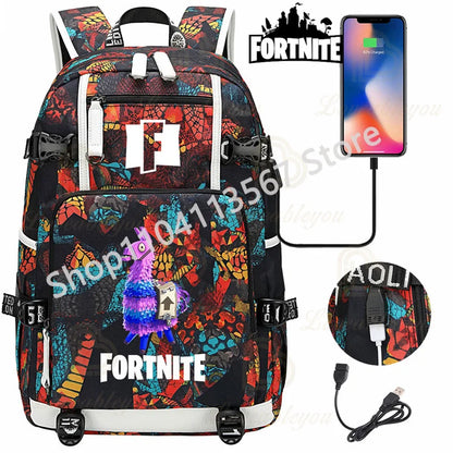 Red Jade F-Fortnited Battle Royale Backpack with USB Charging Anime Figures Study Stationery Compartment for Students Mochila