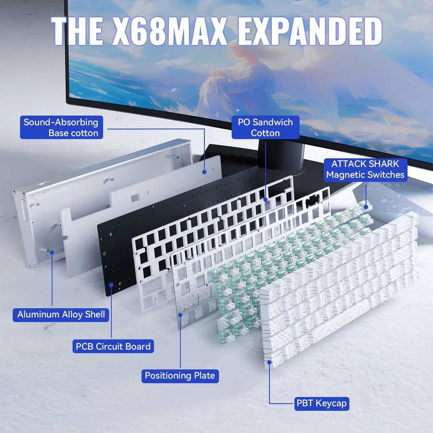 Teclado de aluminio ATTACK SHARK X68MAX HE Rapid Trigger con interruptores magnéticos 60% con cable, teclado magnético 8KHz con precisión RT de 0.005mm