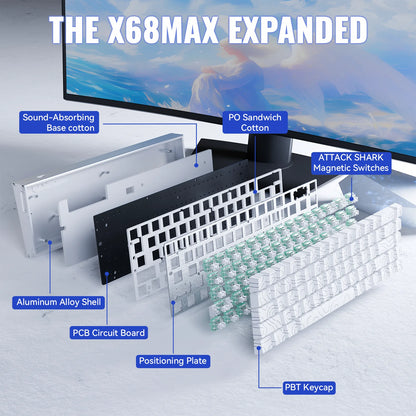Teclado de aluminio ATTACK SHARK X68MAX HE Rapid Trigger con interruptores magnéticos 60% con cable, teclado magnético 8KHz con precisión RT de 0.005mm