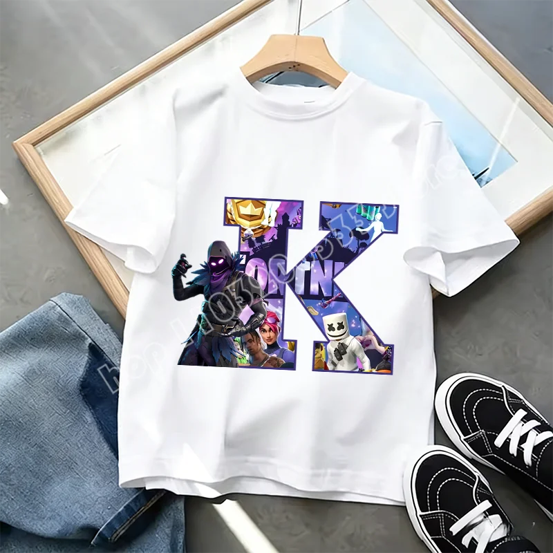Μπλουζάκι Fortnite με στάμπα αλφαβήτου A-Z για παιδιά, καλοκαιρινό, λευκό, δημοφιλές cartoon game, casual κοντομάνικο τοπ μόδας, ιδανικό για δώρο