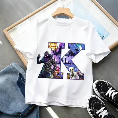 Μπλουζάκι Fortnite με στάμπα αλφαβήτου A-Z για παιδιά, καλοκαιρινό, λευκό, δημοφιλές cartoon game, casual κοντομάνικο τοπ μόδας, ιδανικό για δώρο