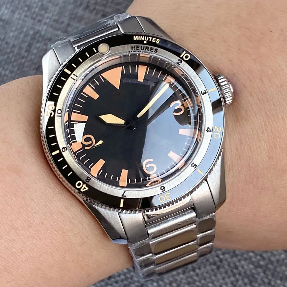 Tandorio NH35A PT5000 Mechanical Men's Watch 20BAR Waterproof Sapphire Luminous Red Black Dial Stainless Steel Bracelet New Clock