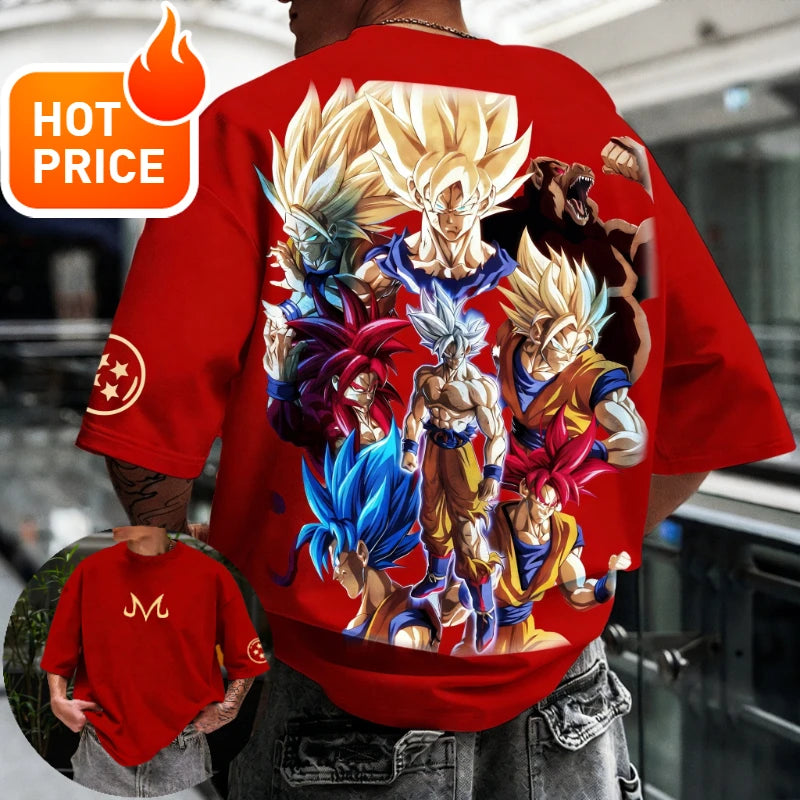 Лятна тениска Dragon Ball 2026, 100% памук, щампа Goku във всички форми, oversized, за фитнес и streetwear, унисекс ретро тениска за възрастни и деца