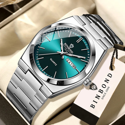BINBOND luxury quartz wristwatch, luminous, water-resistant, day of the week, automatic date, steel bracelet, business, sport, fashion and casual styles.