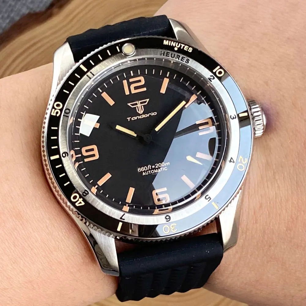 Tandorio NH35A PT5000 Mechanical Men's Watch 20BAR Waterproof Sapphire Luminous Red Black Dial Stainless Steel Bracelet New Clock