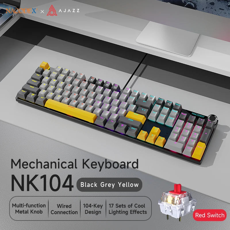 Teclado mecánico AJAZZ NK104 con cable, teclas de doble inyección, 104 teclas, hot-swapping y retroiluminación LED híbrida para gamers, compatible con laptop y PC