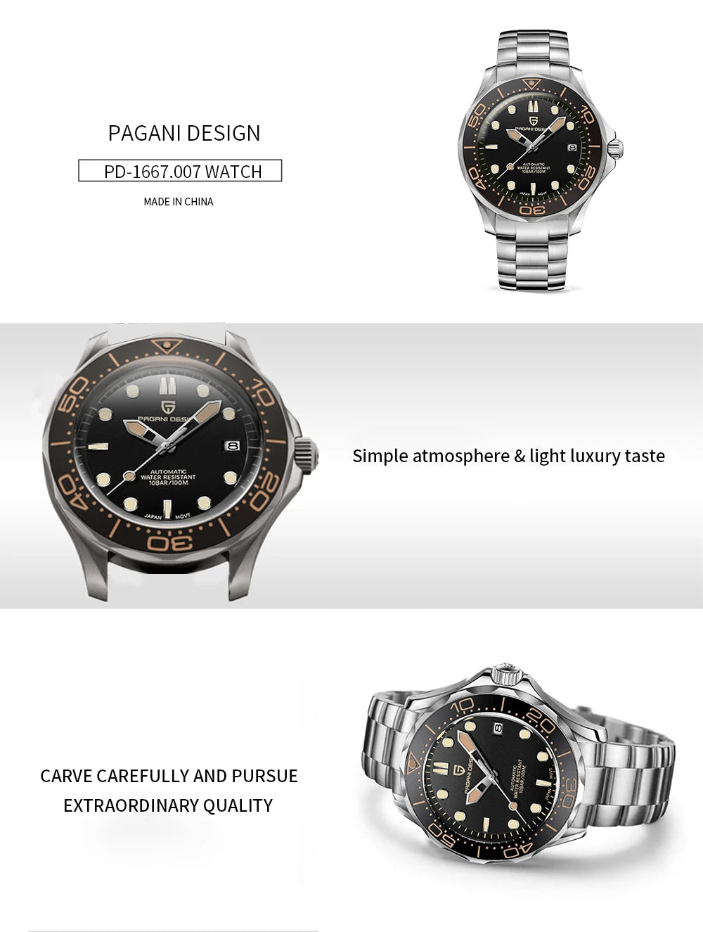 PAGANI DESIGN Men's Watches Mechanical Automatic Watch Sport Ceramic Bezel Luminous Stainless Steel Waterproof Top Watch for Men