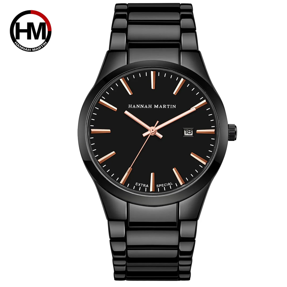 Hannah Martin men’s watch, stainless steel case, quartz movement, 41 mm dial, business style, with calendar display (imitation)