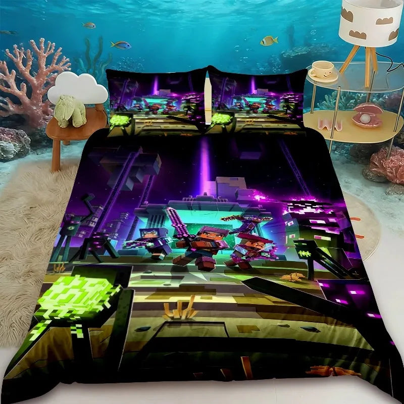 Cartoon Children Duvet Cover Minecraft Cartoon Quilt Cover Bedding Set Queen King Full Size with 1/2 Pillowcase Bedroom
