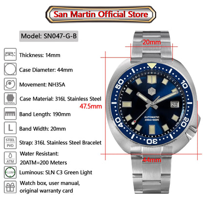 San Martin Turtle Men's Diver Watch 44mm NH35 Automatic Mechanical Wristwatch Sapphire Waterproof 200m Luminous Watches SN0047