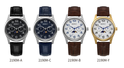 BERNY Watches for Men Moon Phase Quartz Men's Watch Day and Date Calendar Easy Read Vintage-Style Business Dress Wristwatch