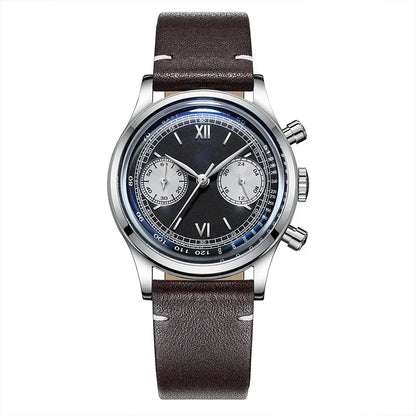 ADDIESDIVE AD2037 Men Quartz Watch Multifunctional 24 Hour Chronograph Black Dial Leather Watches 100m Dive Business Wristwatch