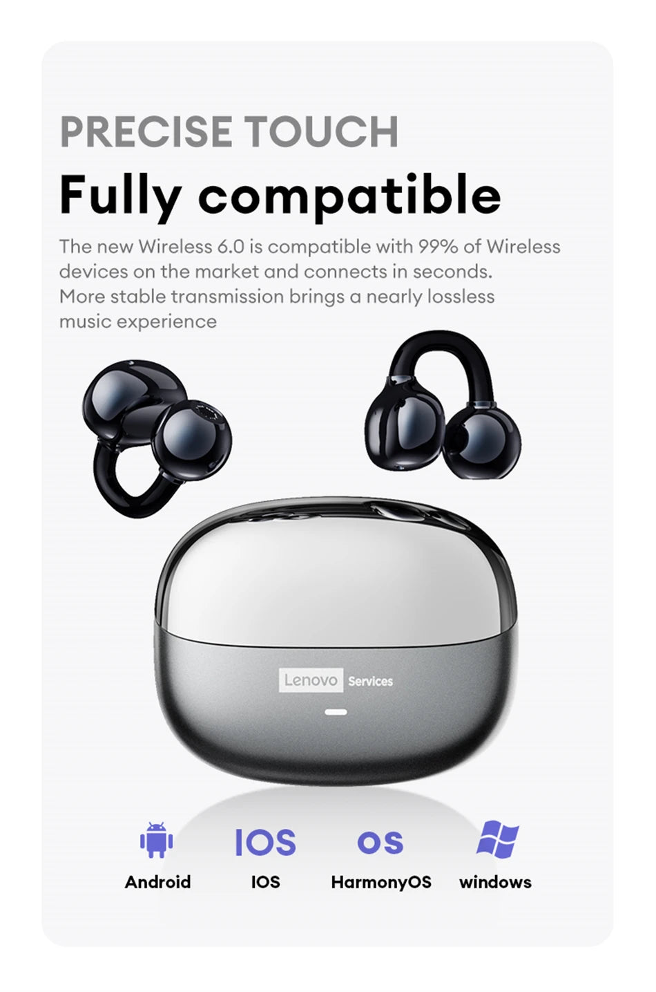 Auscultadores Bluetooth sem fios Lenovo LE302 6.0 com longa autonomia, auriculares desportivos com clip de orelha, som estéreo HIFI e cancelamento de ruído