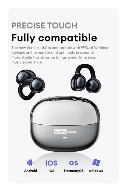Auscultadores Bluetooth sem fios Lenovo LE302 6.0 com longa autonomia, auriculares desportivos com clip de orelha, som estéreo HIFI e cancelamento de ruído