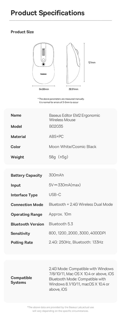 Baseus EM2 Ergonomic Wireless Mouse Bluetooth 5.3 Rechargeable Silent Mouse, Ultra-Light Bluetooth & 2.4G Wireless Mouse with Customizable Buttons, 4000 DPI Type-C Charging