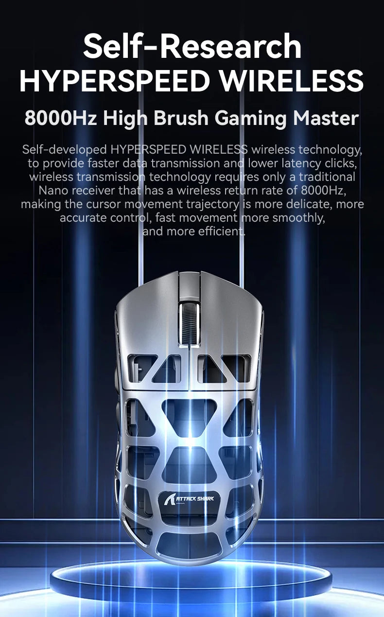 ATTACK SHARK R3 gamingmus i magnesiumlegering med bikakestruktur, ultralätt 8K Hz, PAW3395-sensor, 26000 DPI, ergonomiskt skal