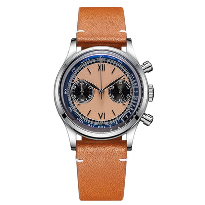 ADDIESDIVE AD2037 Men Quartz Watch Multifunctional 24 Hour Chronograph Black Dial Leather Watches 100m Dive Business Wristwatch
