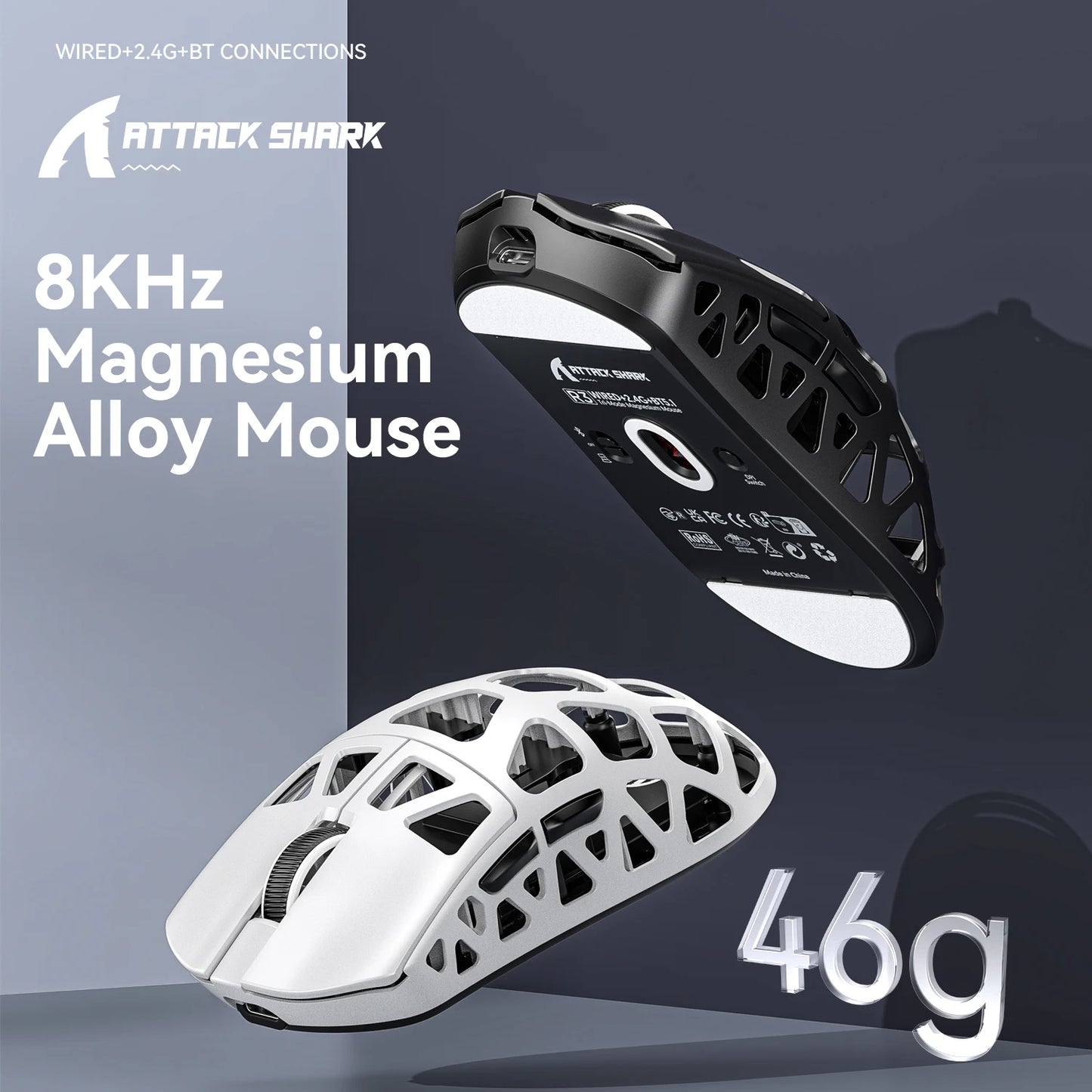 ATTACK SHARK R3 gamingmus i magnesiumlegering med bikakestruktur, ultralätt 8K Hz, PAW3395-sensor, 26000 DPI, ergonomiskt skal