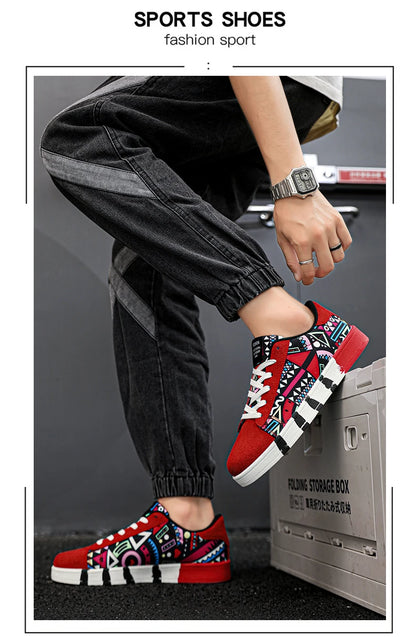 YRZL Scarpe sportive da running da uomo in tela con stile geometrico, sneakers stringate, scarpe da skate da uomo alla moda per coppie con stampa graffiti