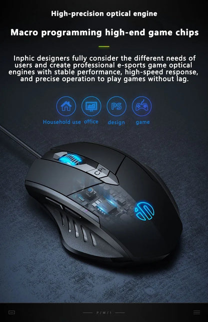 Inphic W1 Wired Gaming Mouse USB Esports Mouse with Adjustable DPI, Programmable Macro Buttons, Silent Click Office & Gaming Mouse