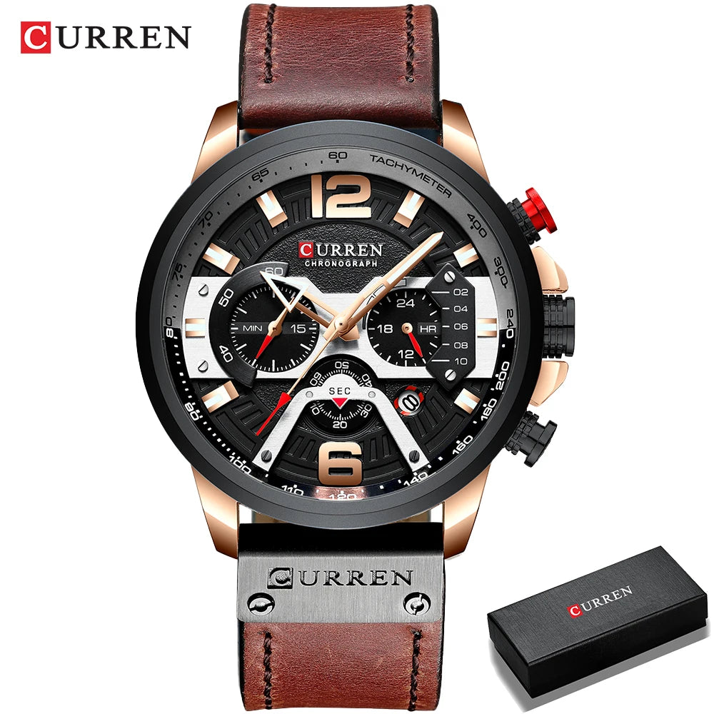 Ceas pentru bărbați CURREN 8329 – Stil sportiv casual, design militar, curea din piele, cronograf la modă, ceas de lux de la o marcă renumită