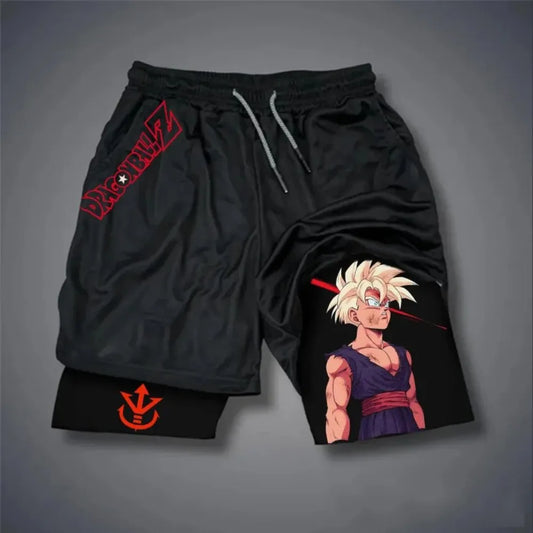 Dragon Ball Men's Double Shorts Vegeta Japanese Anime Summer Fake Two-piece Sports Shorts 2-in-1 Harajuku Y2K Fitness Pants