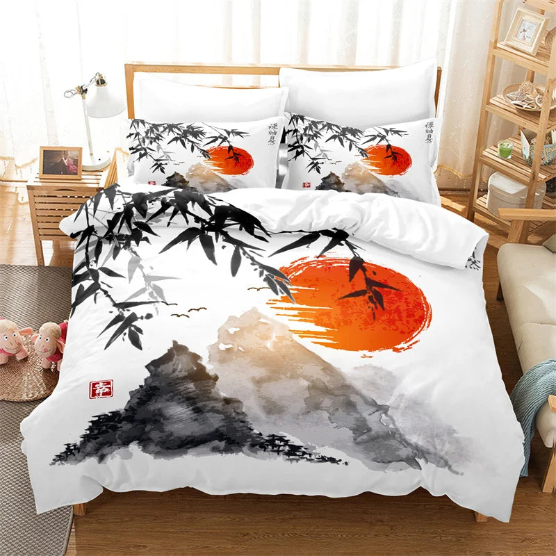 Bambukuvioinen pussilakanasetti, kiinalaistyylinen vuodevaatesetti, nuorten pellavasetti, Queen Size -kokoinen peitonpäällissetti, muodikas vuodevaatesetti