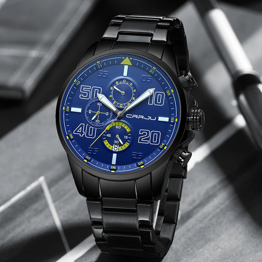Pánske hodinky CRRJU – luxusný chronograf, veľký ciferník, nerezová oceľ, vodotesné, s ukazovateľom dátumu