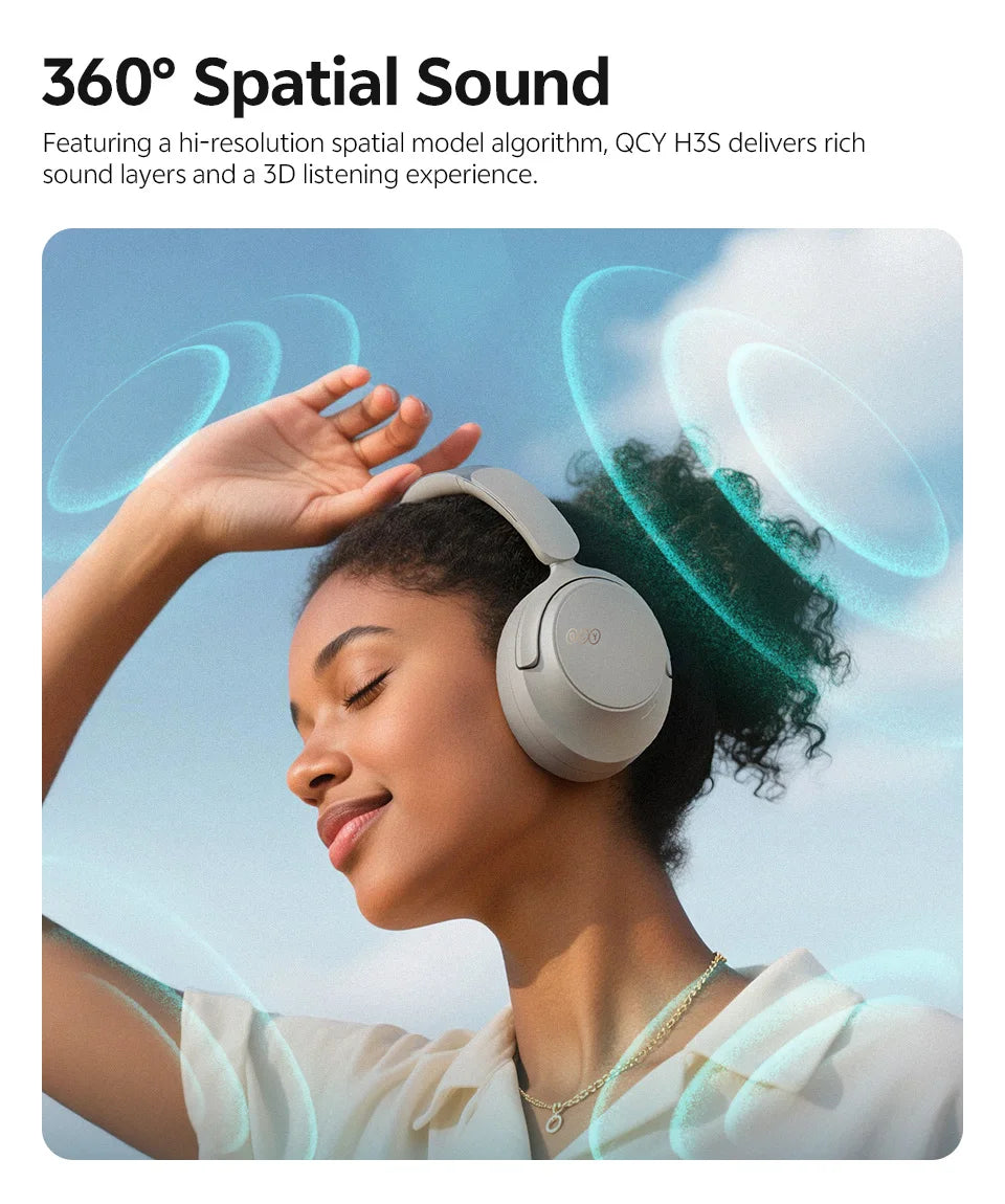 Casque sans fil Bluetooth 6.0 QCY BH25H3SA avec audio spatial 3D, réduction de bruit active adaptative -56 dB, haut-parleur de 53 mm, casque pliable supra-auriculaire