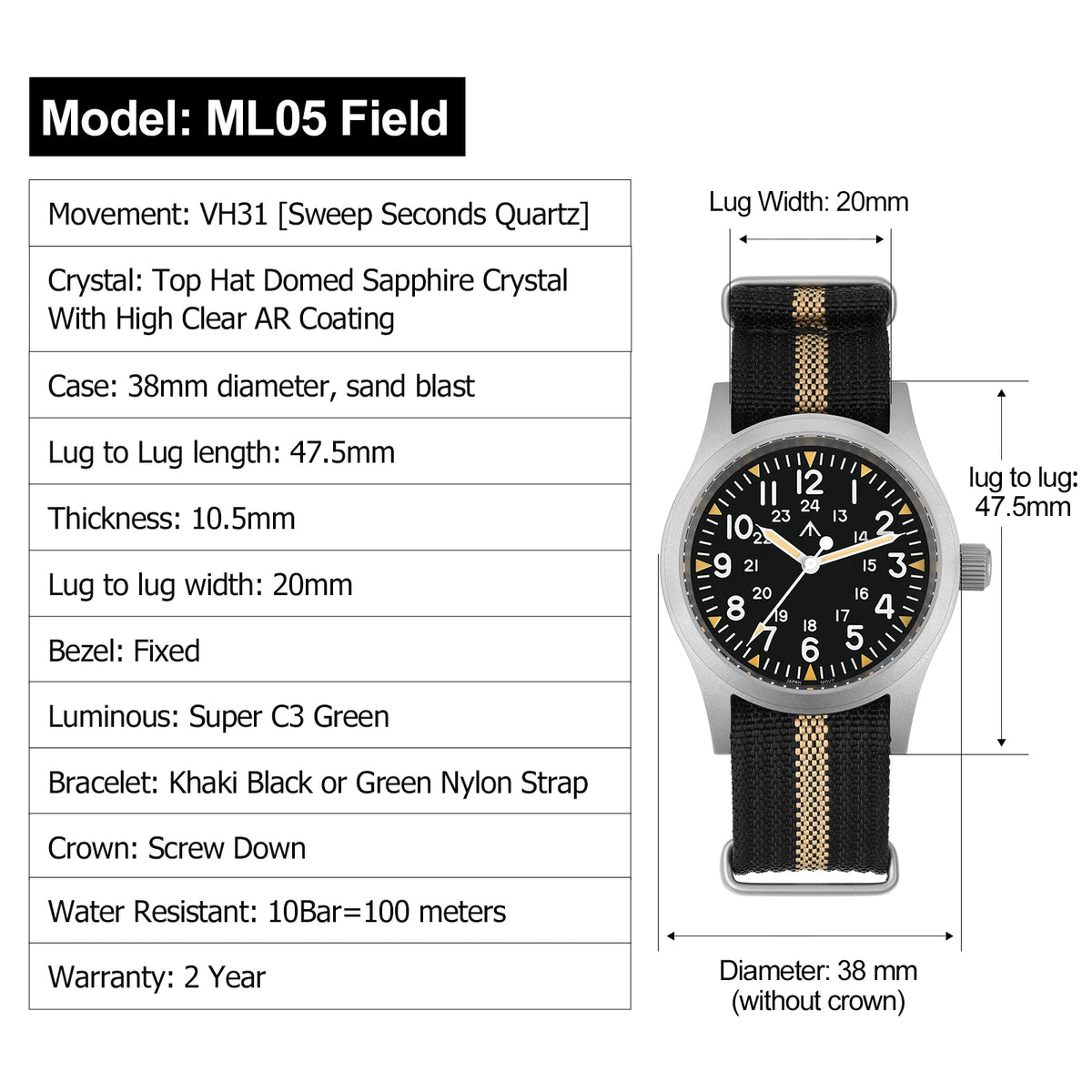 Militado ML05 38mm Military Field Watch VH31 Sweep Quartz Movement Domed Sapphire Crystal Waterproof 100M Super Luminous Watches