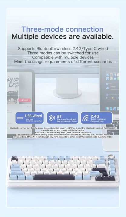 Teclado mecánico F75 FREEWOLF * AULA F75 Bluetooth trimodo, diseñado para gaming y uso de oficina
