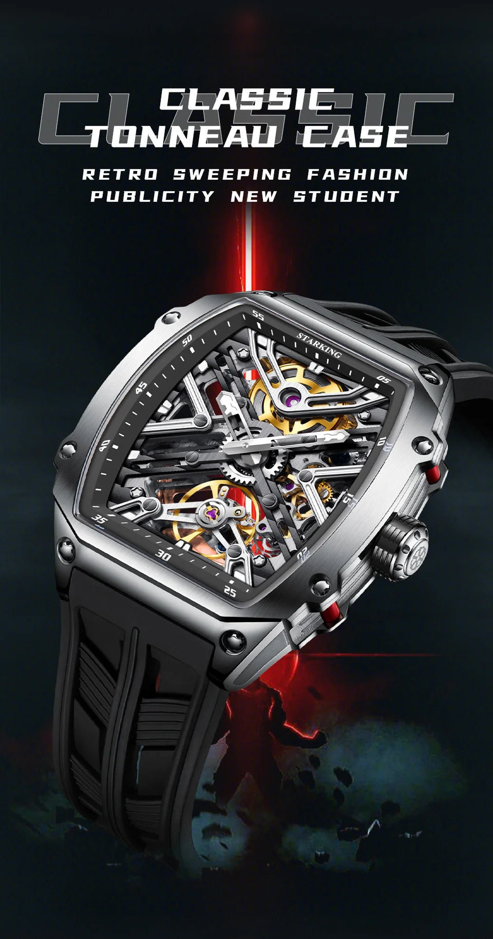 STARKING Men's Waterproof Sports Mechanical Watches Wear-resistant Silicone Strap Automatic Watch Luminous Tonneau Luxury Watch