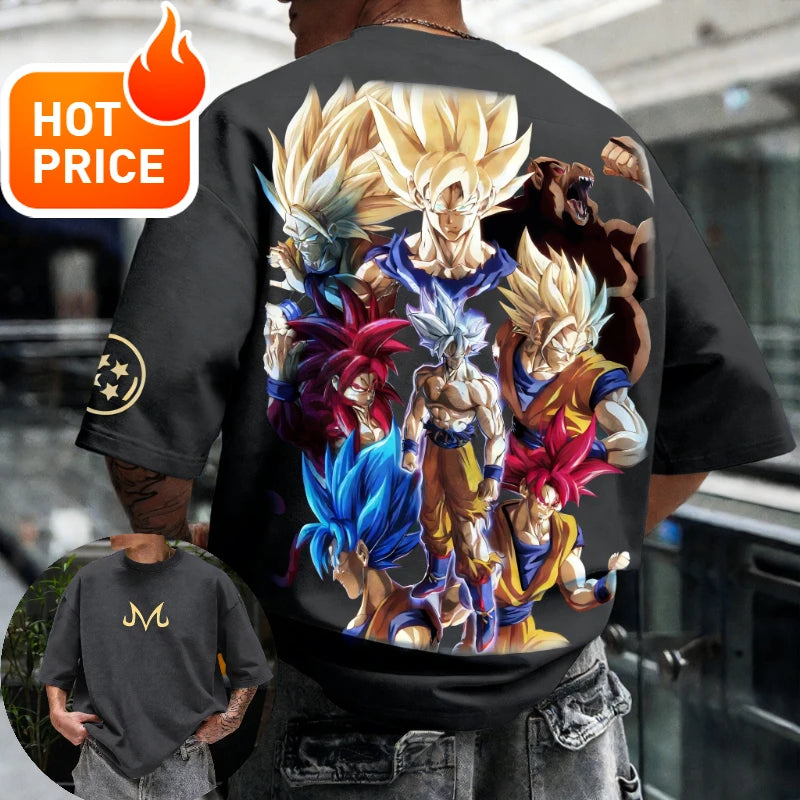 Лятна тениска Dragon Ball 2026, 100% памук, щампа Goku във всички форми, oversized, за фитнес и streetwear, унисекс ретро тениска за възрастни и деца