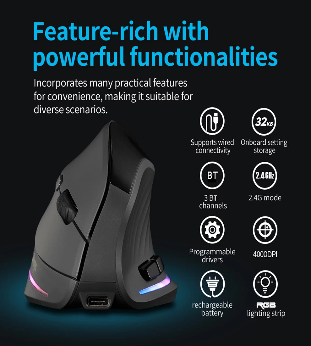 Rato vertical sem fios recarregável com ecrã — rato ergonómico gaming programável de 6 botões para jogador em desktop