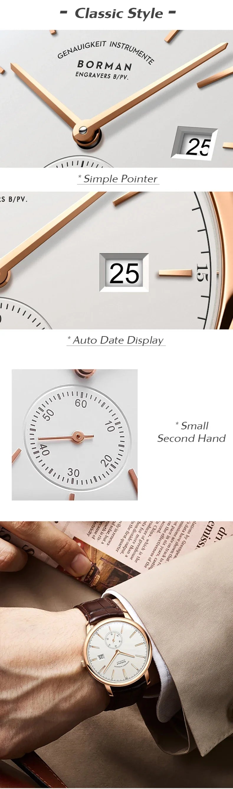 Orologio BORMAN BM3817 TOP nuovo 42 da uomo di lusso, meccanico automatico, vetro zaffiro, ultrasottile, impermeabile 50M, con sottoquadranti