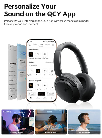 Casque sans fil Bluetooth 6.0 QCY BH25H3SA avec audio spatial 3D, réduction de bruit active adaptative -56 dB, haut-parleur de 53 mm, casque pliable supra-auriculaire
