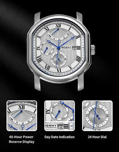 BERNY Men's Mechanical Watch, Top Accuracy, Automatic Wristwatch, Luxury Male Clock, Sapphire, Self-Winding, Waterproof