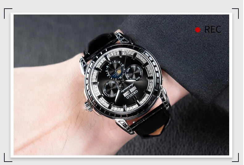 OBLVLO Men's Automatic Watch 40mm Mechanical Wristwatch 5ATM Luminous Crystal Bezel Year, Month, Week, Date, 24 Hours TY1655 Movement