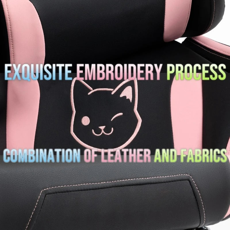 Cadeira Gaming Kawaii Cor-de-Rosa com Orelhas de Gato, Apoio para os Pés, Encosto Alto Ergonómico e Apoio Lombar com Pata de Gato