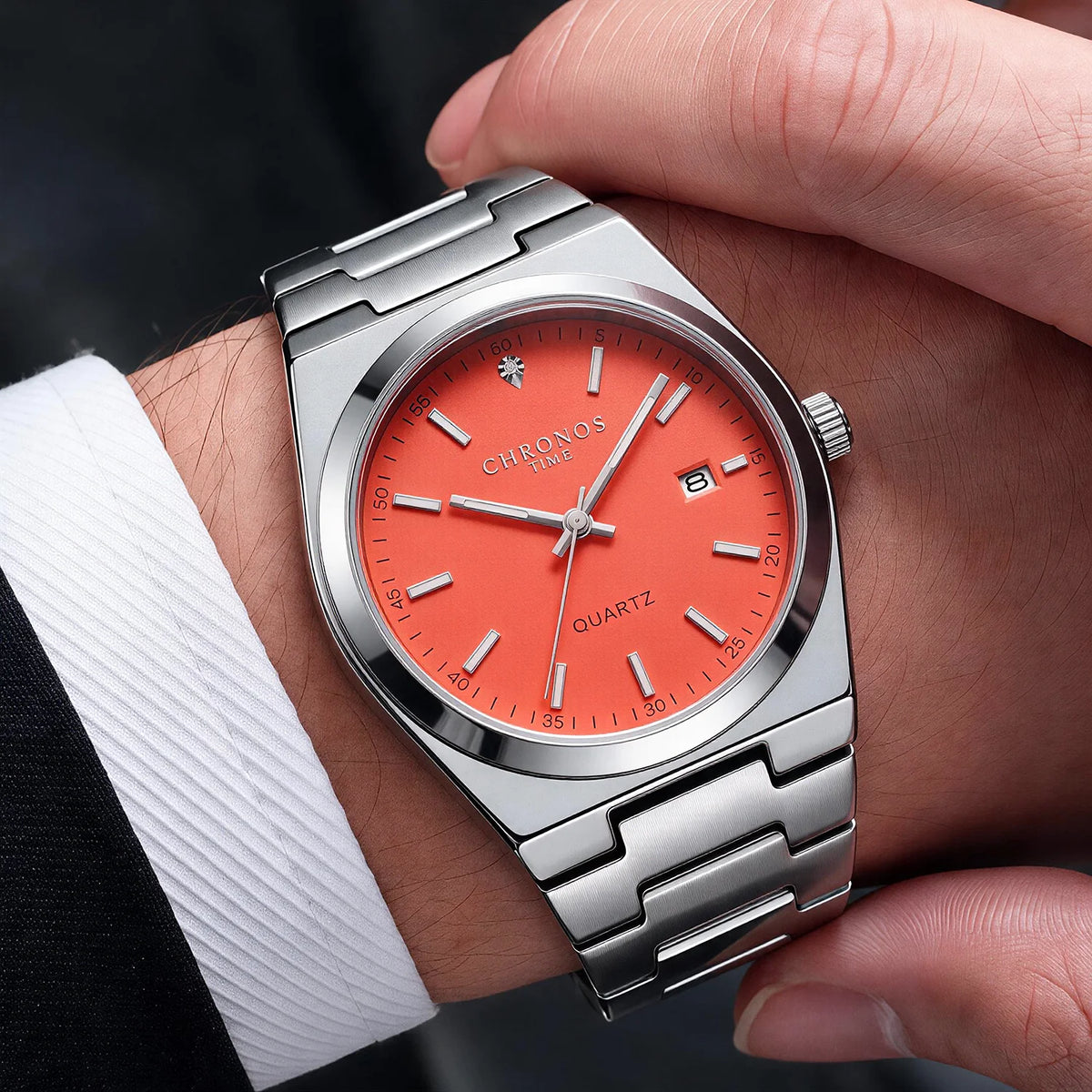 Reloj de cuarzo para hombre CHRONOS: correa de acero inoxidable, resistente al agua, agujas luminiscentes, indicador de fecha. Ideal para el trabajo, el deporte o el día a día.