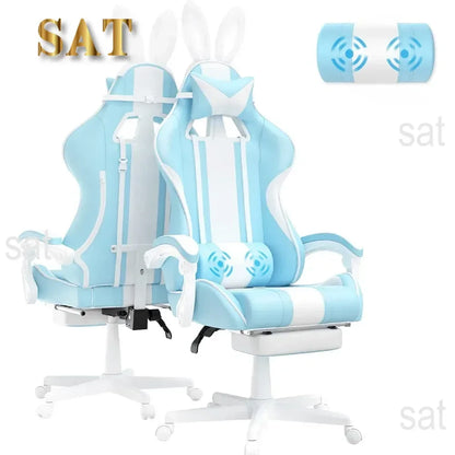 For Kawaii Light Blue Gaming Chair with Bunny Ears, Ergonomic Cute Gamer Chair with Footrest and Massage, Racing Reclining