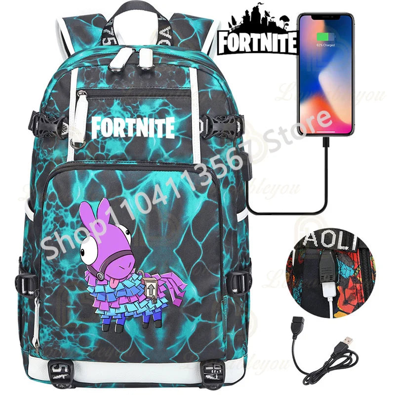 Red Jade F-Fortnited Battle Royale Backpack with USB Charging Anime Figures Study Stationery Compartment for Students Mochila