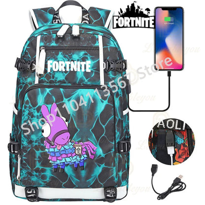 Red Jade F-Fortnited Battle Royale Backpack with USB Charging Anime Figures Study Stationery Compartment for Students Mochila