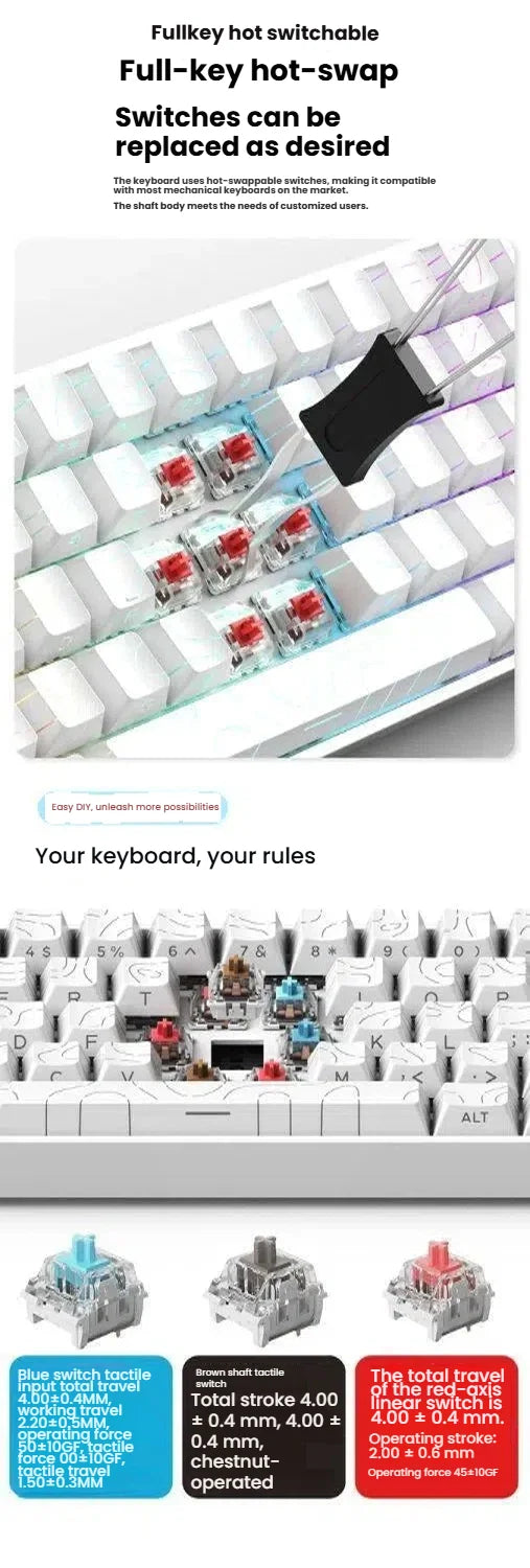 Teclado mecânico portátil com fio K61, Phantom RGB colorido, resposta de nível gaming, design ergonómico, adequado para gaming e escritório