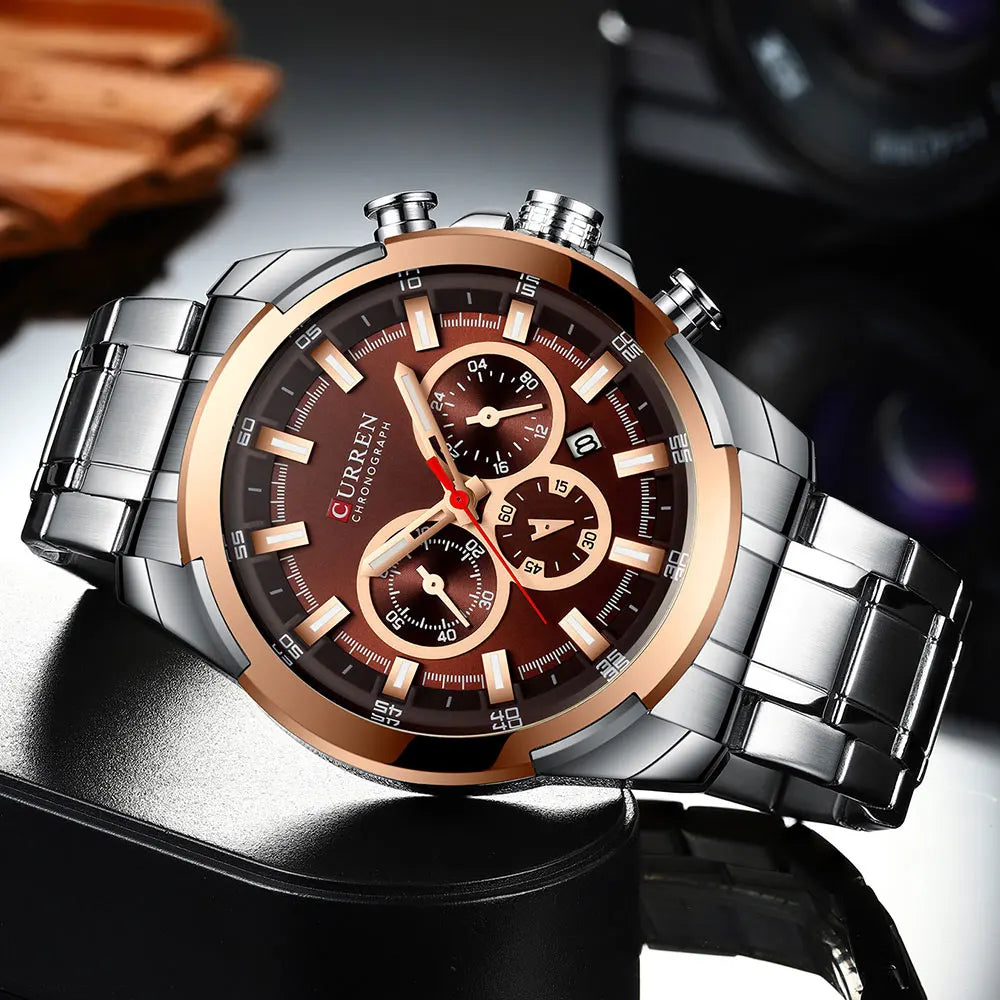 Montre chronographe pour homme CURREN, grand cadran de 48 mm, bracelet en acier inoxydable, trois sous-cadrans, montre-bracelet de sport à quartz, style luxueux