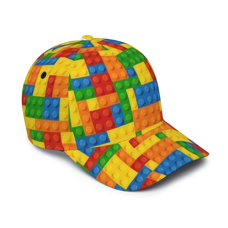 Farverig baseballkasket med byggeklods-print til børn – unisex solhat med UV-beskyttelse – afslappet udendørs hat til legetøjsentusiaster og modebevidste fædre