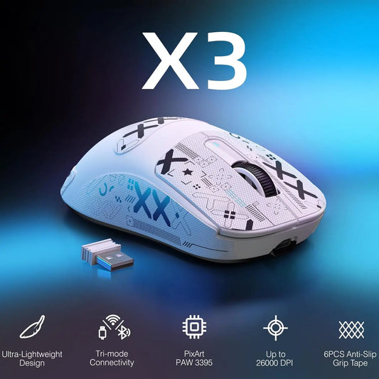 ATTACK SHARK X3 lätt trådlös gamingmus, 49g Tri-Mode, PAW3395 26K DPI-sensor, 200h batteritid, 5 programmerbara knappar
